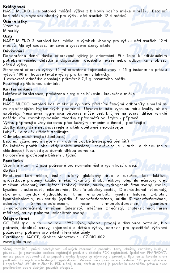 NAŠE MLÉKO 3 batol.výživa z kozího mléka 12m+ 525g